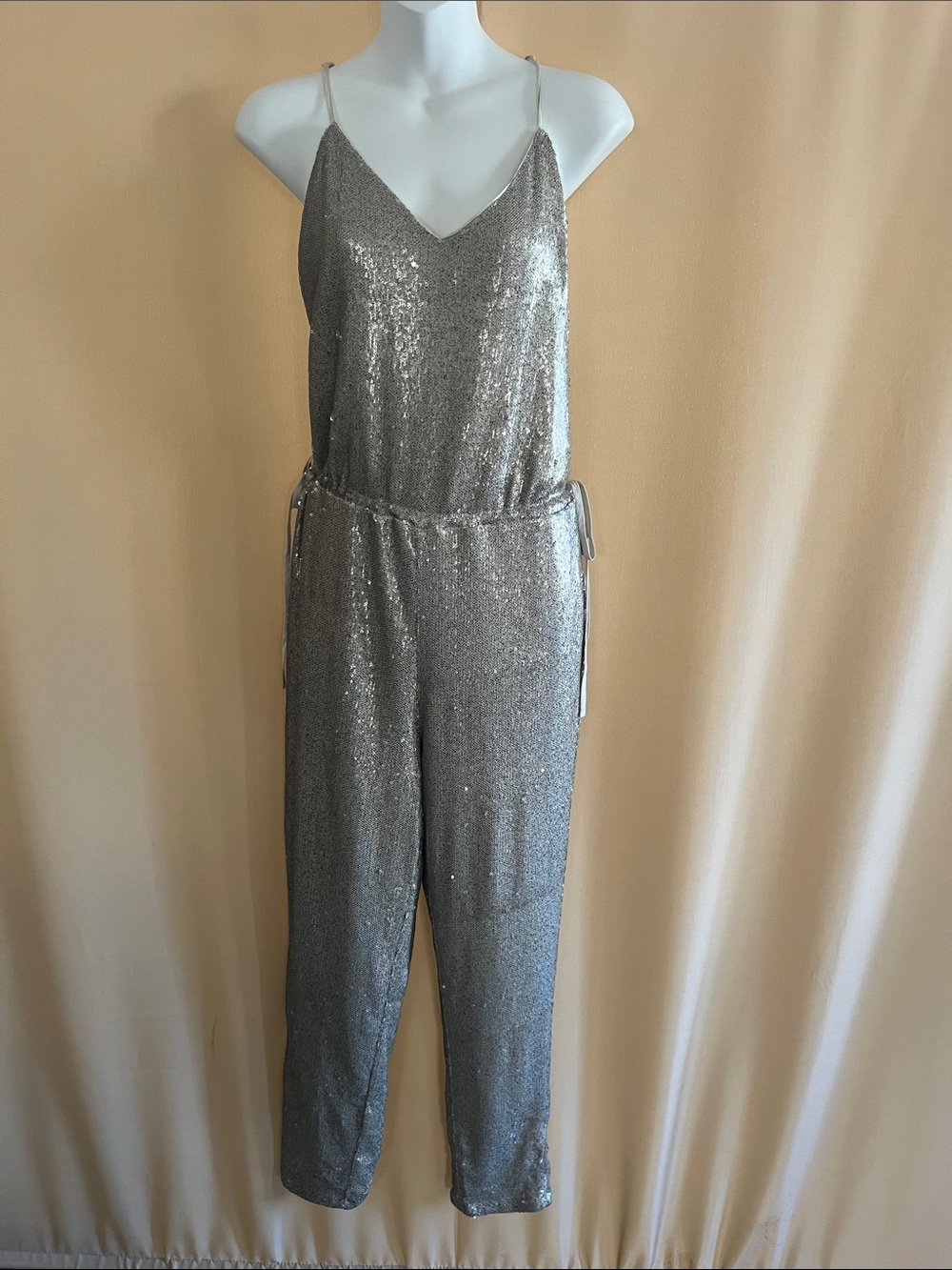 Silver Sequin Spaghetti-Strap Jumpsuit